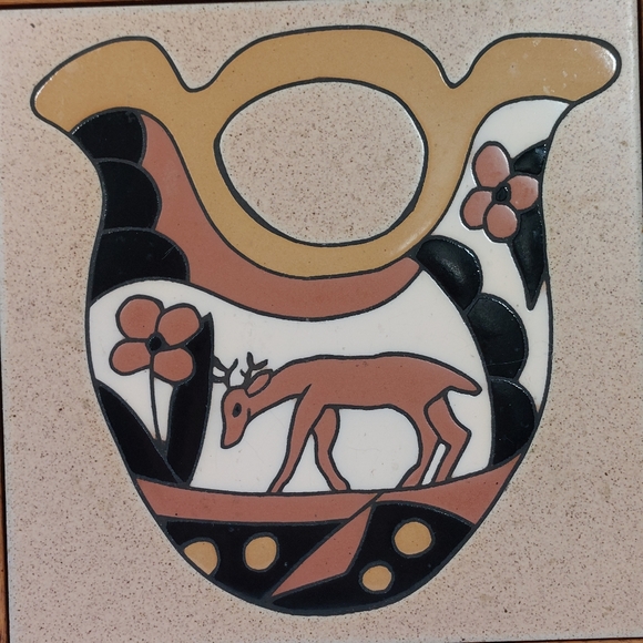 Mag Mor Art Tile Trivet Southwestern Aztec Wedding Vase Deer Flower Hot Plate - Picture 3 of 7